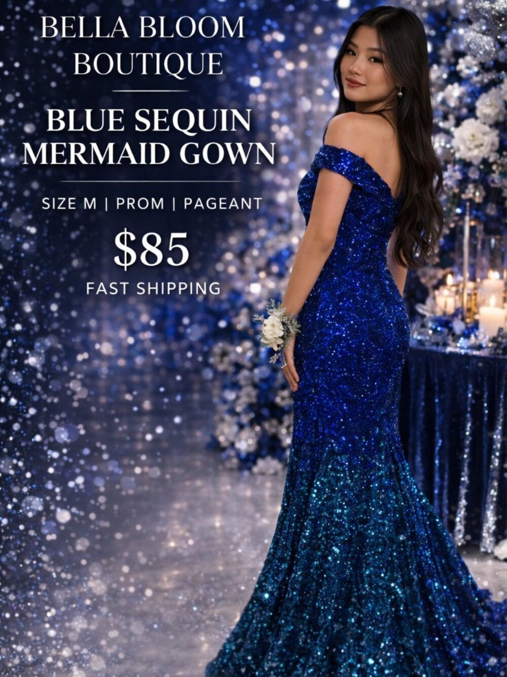 Bella Bloom Boutique Blue Sequin Mermaid Gown Size M Formal Prom Evening Dress